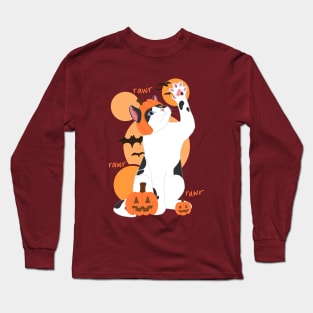 HALLOWEEN PUMPKIN BLACK & WHITE CAT Long Sleeve T-Shirt